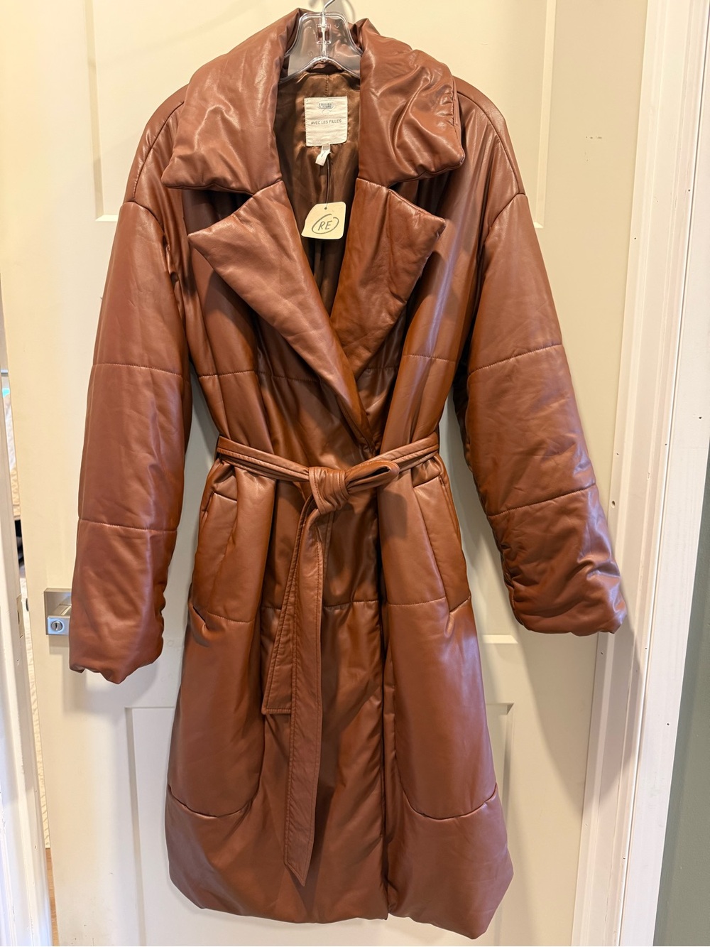 Avec Les Filles Tan Brown Faux Leather Belted Puffer Coat